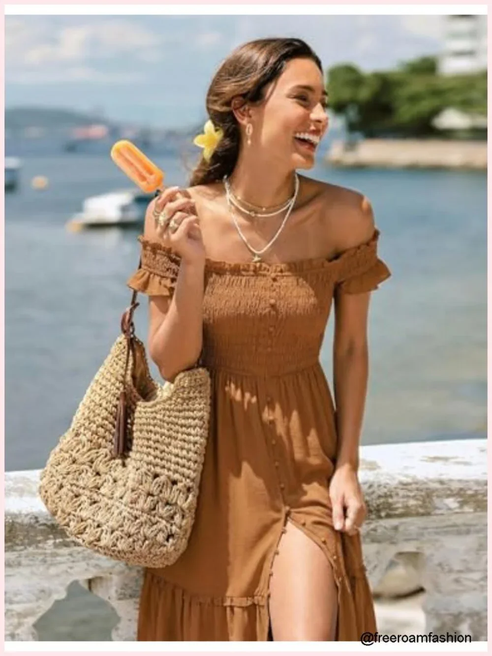 Square Neck Smocked Midi Dress with Pockets Flowy Ruffle Sleeves